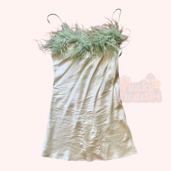 Sleeper Boheme Mint Green Ostrich Feather Trim Satin Mini Slip Dress Size S - Picture 4 of 11